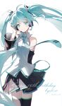  1girl 2023 absurdres arm_behind_back arm_tattoo black_skirt black_sleeves black_thighhighs blue_eyes blue_hair blue_necktie closed_mouth collared_shirt dated detached_sleeves floating_hair hair_between_eyes hand_in_own_hair happy_birthday hatsune_miku headphones headset highres jiu_ye_sang long_hair long_sleeves looking_at_viewer miniskirt necktie number_tattoo pleated_skirt shirt skirt sleeveless sleeveless_shirt smile solo standing tattoo thigh-highs twintails very_long_hair vocaloid white_background white_shirt wing_collar zettai_ryouiki 
