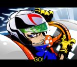  1boy absurdres brown_hair driving from_behind gloves hair_between_eyes helmet highres letterboxed looking_at_viewer looking_back mach_go_go_go male_focus mifune_gou parody parted_lips redline sky smile smirk solo steering_wheel style_parody white_headwear yellow_gloves zeoarts 