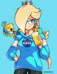  1girl absurdres black_pants blonde_hair blue_background blue_eyes blue_hoodie bubble_tea casual closed_mouth crown earrings fingernails glasses hair_over_one_eye hand_on_own_hip highres hood hoodie jewelry long_hair luma_(mario) mag_(magdraws) nasa nasa_logo one_eye_closed pants print_hoodie rosalina scarf smile star_(symbol) star_earrings super_mario_bros. super_mario_galaxy 