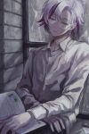  1boy bad_source black_shirt book fuwa_minato highres holding holding_book makeup male_focus multicolored_hair nijisanji partially_colored purple_hair shirt short_hair solo violet_eyes virtual_youtuber 
