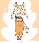  1girl animal_ears belt cat_ears cat_girl cat_tail coroha extra_ears full_body grey_hair jewelry jumping jungle_cat_(kemono_friends) kemono_friends long_hair looking_at_viewer navel necklace orange_background pants ribbon sandals shirt simple_background sleeveless sleeveless_shirt solo tail twintails 