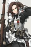  1girl adjusting_hair apron arm_up asterisk_kome binoculars black_bow black_bowtie bolt_action bow bowtie brown_hair commentary epaulettes frilled_apron frilled_gloves frilled_skirt frills gina_wallace gloves green_eyes gun hand_guard hand_in_own_hair heroes_of_order highres holding holding_rifle holding_weapon looking_at_viewer maid maid_apron maid_headdress medal medium_hair open_mouth scabbard scope sheath simple_background skirt solo_focus sword weapon white_background 