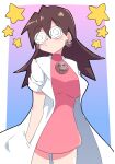  1girl absurdres brown_hair buzzlyears closed_mouth coat coke-bottle_glasses dress earrings glasses hair_between_eyes hand_in_pocket highres jewelry lab_coat long_hair mega_man_(series) mega_man_legends open_clothes open_coat pink_dress solo star_(symbol) tron_bonne_(mega_man) white_coat 