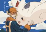 1boy blonde_hair blush closed_eyes clouds cloudy_sky commentary_request day elica_dayo floating hair_over_one_eye hat highres laughing male_focus outdoors pokemon pokemon_(creature) pokemon_(game) pokemon_legends:_arceus short_hair sky togekiss volo_(pokemon) wings 