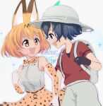  2girls animal_ears backpack bag bare_shoulders black_gloves black_hair blonde_hair blue_eyes bow bowtie cat_ears cat_girl cat_tail elbow_gloves exist_sk1221 extra_ears gloves grey_shorts hat_feather helmet high-waist_skirt highres holding_hands kaban_(kemono_friends) kemono_friends looking_at_another multiple_girls pith_helmet print_bow print_bowtie print_gloves print_skirt red_shirt serval_(kemono_friends) serval_print shirt short_hair short_sleeves shorts skirt sleeveless t-shirt tail white_shirt yellow_eyes 