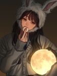  1girl animal_ears black_hair buttons cheese eating food fur_(clothing) fur_hat hat highres long_hair moon moon_(ornament) moon_globe norimaki_(seidan0611) original rabbit_ears solo 