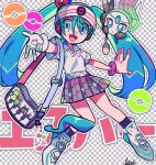  1girl :d bag beanie blue_bag blue_eyes blue_hair blue_socks bracelet collared_shirt commentary fake_transparency gloves grey_skirt hair_between_eyes hair_ribbon hat hatsune_miku headphones jewelry long_hair looking_at_viewer meloetta meloetta_(aria) open_mouth outstretched_arms piano_print plaid plaid_skirt pleated_skirt pokemon pokemon_(creature) polo_shirt project_voltage psychic_miku_(project_voltage) red_ribbon ribbon shirt shoes short_sleeves shoulder_bag signature single_glove skirt smile sneakers socks solo standing twintails very_long_hair vocaloid w white_footwear white_gloves white_headwear white_shirt yuusuke-kun 