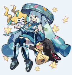  1girl aqua_hair blue_eyes blue_hair blush fuinagi_(huyuu_mm) full_body gradient_hair hat hatsune_miku highres japanese_clothes jirachi long_hair mawile multicolored_hair open_mouth pokemon pokemon_(creature) project_voltage red_eyes sandogasa simple_background sparkle star_(symbol) steel_miku_(project_voltage) twintails very_long_hair vocaloid wide_sleeves 