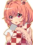  1girl apron bell blush book checkered_clothes checkered_kimono hair_bell hair_between_eyes hair_ornament holding holding_book japanese_clothes jingle_bell kimono motoori_kosuzu open_book open_mouth outline red_eyes redhead short_hair simple_background smile solo touhou two_side_up upper_body white_background yamase yellow_apron 