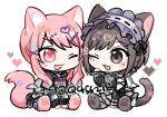  1girl 1other akiyama_mizuki androgynous animal_ears backpack bag black_bow bow brown_eyes brown_hair cat_ears cat_girl cat_tail commentary full_body hair_ornament hairclip hand_up heart kaesmedubu long_hair long_sleeves negai_wa_itsuka_asa_o_koete_(project_sekai) official_alternate_costume one_eye_closed open_mouth pink_eyes pink_hair ponytail project_sekai shinonome_ena short_hair sidelocks simple_background sitting symbol-only_commentary tail twitter_username white_background white_bag 