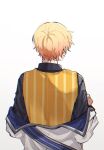  1boy back blonde_hair coat_partially_removed commentary_request gradient_hair highres jirijiri_418 male_focus multicolored_hair orange_hair orange_vest project_sekai short_hair simple_background solo striped tenma_tsukasa upper_body vertical_stripes vest white_background 