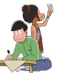  1boy 1girl amaizake black_hair blue_bracelet brown_hair dark-skinned_female dark_skin dayoon_girl green_jacket highres holding holding_letter jacket jewelry letter matsu_symbol matsuno_choromatsu necklace osomatsu-san:_hesokuri_wars smile table writing 