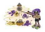  black_shorts brown_jacket closed_mouth dark-skinned_female dark_skin disco_ball frown glint gun hand_in_pocket holding holding_gun holding_weapon humanlynn inkling jacket octoling purple_hair record short_hair shorts simple_background sneaker splatoon_(series) sunglasses tentacle_hair weapon white_background 