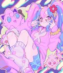  1girl blue_skirt bull_sprite_(pokemon) cardigan choker fairy_miku_(project_voltage) fish_sprite_(pokemon) flower hair_flower hair_ornament hatsune_miku heart heart_choker igglybuff jigglypuff leg_warmers long_hair looking_at_viewer microphone multicolored_hair pink_cardigan pink_footwear pokemon pokemon_(creature) project_voltage rikikitty scrunchie skirt smile twintails two-tone_hair v very_long_hair vocaloid wrist_scrunchie 