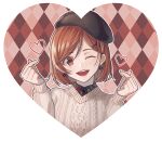  1girl ayase_madoka_(yumeiro_cast) beret black_headwear brown_eyes brown_hair collared_shirt commentary double_finger_heart finger_heart hat long_sleeves nurumi_p one_eye_closed open_mouth shirt solo sweater swept_bangs teeth upper_teeth_only white_sweater yumeiro_cast 