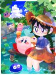  1girl :o ^_^ bandana bandana_waddle_dee black_hair blue_bandana blue_eyes blue_sarong blue_sky blush blush_stickers border bow braid bush character_food closed_eyes closed_mouth clouds commentary_request day dock eyelashes food glasses glunk_(kirby) gooey_(kirby) hair_bow hat highres holding holding_food ice_cream ice_cream_cone kirby kirby_(series) kirby_64 lily_pad long_hair looking_at_viewer omame_sakana open_mouth orange_skirt outdoors outside_border polof pond red_bow ripple_star_queen round_eyewear sarong sidelocks sitting skirt sky soaking_feet straw_hat sun_hat tree twin_braids violet_eyes wafer_stick water whiskers_(kirby) white_border zero_two_(kirby) 
