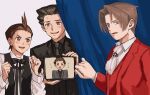  3boys ace_attorney alternate_costume apollo_justice ascot black_hair black_necktie black_ribbon black_shirt blush clenched_hands collared_shirt curtains grey_eyes grey_hair grey_jacket hands_up holding holding_tablet_pc jacket long_sleeves looking_at_another looking_at_viewer male_focus miles_edgeworth multiple_boys neck_ribbon necktie nervous open_mouth phoenix_wright red_jacket renshu_usodayo ribbon shirt short_hair smile spiky_hair sweatdrop tablet_pc upper_body v-shaped_eyebrows white_shirt 