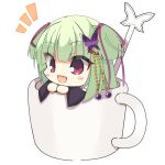  1girl :d absurdres blunt_bangs blunt_ends blush_stickers butterfly_hair_ornament chibi coffee_mug commentary_request cup detached_sleeves eyes_visible_through_hair hair_ornament hair_ribbon highres hime_cut kaon_zz long_sleeves looking_afar mug murasame_(senren) notice_lines open_mouth purple_ribbon red_eyes ribbon senren_banka sidelocks simple_background smile solo two_side_up white_background wide_sleeves 