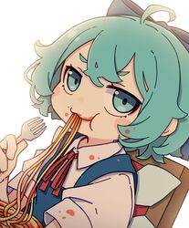  1girl absurdres ahoge blue_bow blue_dress blue_eyes blue_hair bow chair cirno closed_mouth dress fairy food food_on_clothes food_on_face food_on_hair fork hair_between_eyes hair_bow highres holding holding_fork ice ice_wings kame_(kamepan44231) looking_at_viewer pasta pinafore_dress shirt short_hair short_sleeves simple_background sleeveless sleeveless_dress smile solo touhou upper_body white_background white_shirt wings 