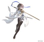  1girl boots brown_hair commentary_request doumyouji_cocoa epaulettes fringe_trim full_body gloves highres holding holding_sword holding_weapon military_uniform riot_music short_hair shorts solo sword thigh_boots tsuki-shigure uniform violet_eyes weapon white_background white_gloves 