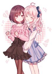  1girl 1other ahoge akiyama_mizuki androgynous black_choker blue_bow blush bow brown_eyes brown_hair choker closed_eyes commentary dot_nose english_commentary facing_another long_hair long_sleeves mei_(meiyuem) open_mouth pantyhose pink_hair project_sekai shinonome_ena short_hair side_ponytail star_(symbol) white_background 