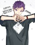  1boy black_shirt character_name commentary_request dated hagiwara_daisuke hands_up happy_birthday hori-san_to_miyamura-kun ishikawa_tooru jewelry looking_at_viewer male_focus necklace open_mouth purple_hair shirt short_bangs short_hair solo star_(symbol) t-shirt teeth violet_eyes watch watch white_background 