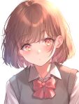  1girl bob_cut bow bowtie brown_hair dot_mouth hair_behind_ear highres kishinaito light_blush looking_at_viewer original red_eyes school_uniform short_hair sidelighting solo sweater_vest upper_body white_background 