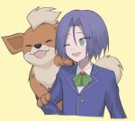  aged_down blue_hair green_eyes growlithe happy highres james_(pokemon) male_focus one_eye_closed open_mouth pokemon pokemon_(anime) pokemon_(creature) y_umee23 yellow_background 