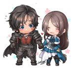  1boy 1girl black_cape black_footwear black_hair black_pants blue_eyes blue_footwear blush boots cape chibi chibisaru clive_rosfield closed_eyes closed_mouth commentary_request couple dated final_fantasy final_fantasy_xvi floral_background flying_sweatdrops full_body gauntlets grey_hair heart holding_hands jill_warrick long_hair looking_at_another low-tied_long_hair open_mouth pants puffy_sleeves red_vest scar scar_on_cheek scar_on_face sheath sheathed short_hair signature simple_background skirt standing sword very_long_hair vest weapon white_background white_skirt 
