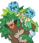  1girl grass_miku_(project_voltage) green_eyes green_hair green_socks grin hair_ornament hatsune_miku holding holding_pom_poms kneehighs long_hair musical_note musical_note_hair_ornament one_eye_closed pokemon pokemon_(creature) pom_pom_(cheerleading) project_voltage rillaboom shirt shoes short_sleeves sidelocks simple_background skirt smile socks twintails very_long_hair vocaloid white_background white_footwear x_hair_ornament yamifuti 