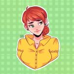  1girl artist_name blush breasts earrings green_background green_eyes highres jewelry lipstick makeup medium_hair penny_(stardew_valley) redhead shirt simple_background siropeart small_breasts solo stardew_valley stud_earrings thick_eyebrows upper_body yellow_shirt 