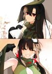  2girls absurdres black_gloves book brown_hair camouflage camouflage_cape closed_eyes commentary_request expressionless girls_frontline gloves goggles goggles_on_head grin hair_between_eyes hair_over_eyes highres holding holding_book long_hair multiple_girls red_eyes smile twintails type_56-1_(girls&#039;_frontline) type_56-1_(mod3)_(girls&#039;_frontline) type_64_(girls&#039;_frontline) type_64_(mod3)_(girls&#039;_frontline) upper_body yuyu_(gype5728) 