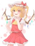  1girl :3 absurdres ascot blonde_hair bow commentary_request fangs flandre_scarlet hair_between_eyes hand_on_own_hip hat hat_bow highres jewelry medium_hair miniskirt mob_cap multiple_rings one_side_up open_mouth puffy_short_sleeves puffy_sleeves red_bow red_eyes red_skirt ring short_sleeves skirt skirt_set smile solo suwa_(au_swap) touhou yellow_ascot 