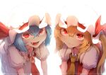  2girls absurdres ascot blonde_hair blue_hair brooch closed_mouth collared_shirt commentary_request cowboy_shot fang flandre_scarlet frilled_shirt_collar frills hair_between_eyes hat hat_ribbon highres jewelry leaning_forward long_bangs long_hair looking_at_viewer mob_cap multiple_girls one_side_up open_mouth puffy_short_sleeves puffy_sleeves red_ascot red_eyes red_ribbon red_skirt remilia_scarlet ribbon shirt short_hair short_sleeves siblings simple_background sisters skirt slit_pupils smile sotatsudraw touhou white_background white_headwear white_shirt yellow_ascot 