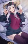  1girl artist_name bed brown_eyes claw_pose doiparuni dragon_horns fake_horns fire_emblem fire_emblem_awakening grima_(fire_emblem) highres hood hood_up hoodie horns jacket long_hair looking_at_viewer lying on_back on_bed open_mouth robin_(female)_(fire_emblem) robin_(fire_emblem) solo thigh-highs white_hair zettai_ryouiki 