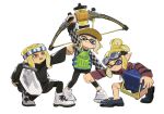  3girls arm_up black_footwear black_pants black_shirt blonde_hair checkered_clothes checkered_shirt clenched_hand drawstring fang full_body goggles goggles_on_head green_vest hair_bun headband highres holding holding_weapon hood hooded_sweater humanlynn inkling inkling_girl long_sleeves multiple_girls octoling octoling_girl open_mouth pants pointing red_eyes shirt simple_background splatoon_(series) striped striped_sweater sweater tentacle_hair vest violet_eyes weapon white_background white_footwear 