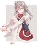  1girl artist_logo bodice bow bowtie brown_eyes grey_background grey_hair hat highres kantai_collection kukimaru looking_at_viewer messy_hair mini_hat notice_lines pola_(kancolle) red_bow red_bowtie red_skirt shirt sitting skirt solo thick_eyebrows thigh-highs tilted_headwear wavy_hair white_shirt white_thighhighs 