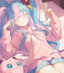  1girl :t bed bed_sheet blue_eyes blue_hair blue_skirt cardigan collarbone collared_shirt colored_eyelashes commentary curly_hair double_v ebi_(shrimp_eleven) expressionless eyelashes fairy_miku_(project_voltage) fingernails flower hair_flower hair_ornament hatsune_miku jigglypuff long_fingernails long_hair long_sleeves looking_at_viewer lying multicolored_hair nail_polish neckerchief on_bed pillow pink_cardigan pink_eyes pink_hair pink_nails plaid plaid_skirt pokemon project_voltage shirt skirt sleeves_past_wrists thighs twintails two-tone_eyes two-tone_hair v very_long_hair vocaloid white_neckerchief white_shirt 
