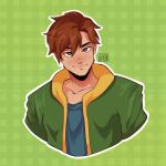  1boy alex_(stardew_valley) blush brown_hair green_background green_eyes green_jacket hair_between_eyes highres jacket looking_at_viewer male_focus simple_background siropeart smile solo stardew_valley upper_body 
