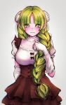  1girl azulasi blunt-bangs blush breasts brown_skirt curled_horns elbow_gloves fingerless_gloves gloves green_eyes green_hair highres horns mairimashita!_iruma-kun medium_breasts parted_bangs pointy_ears short_sleeves simple_background skirt solo valac_clara wihte_horns 