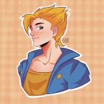  1boy artist_name blonde_hair blue_jacket blush brown_background green_eyes hair_between_eyes highres jacket looking_at_viewer male_focus sam_(stardew_valley) shirt simple_background siropeart solo spiky_hair stardew_valley upper_body yellow_shirt 