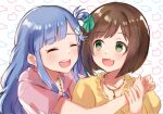  2girls ^_^ animal_background asari_nanami bead_necklace beads blue_hair blush bow breasts brown_hair cat closed_eyes collarbone dot_nose fang fish fish_hair_ornament green_eyes green_ribbon hair_bow hair_ornament hair_ribbon hair_rings hand_on_another&#039;s_head hands_up hug hug_from_behind idolmaster idolmaster_cinderella_girls idolmaster_cinderella_girls_starlight_stage jewelry large_breasts long_hair looking_at_another maekawa_miku multiple_girls necklace open_mouth own_hands_together pink_shirt ribbon shirt short_hair short_sleeves small_breasts smile teeth tori_ririisu upper_body upper_teeth_only very_long_hair white_background yellow_shirt 