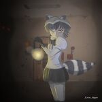  1girl absurdres animal_ears arai-san_mansion common_raccoon_(kemono_friends) grey_hair highres incredibly_absurdres lantern looking_to_the_side skirt tail 