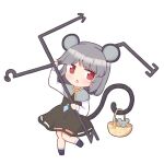  1girl animal animal_ears black_dress black_footwear blush capelet chibi dowsing_rod dress full_body grey_capelet grey_hair highres holding jewelry kominato_haru long_sleeves looking_at_viewer mouse mouse_ears mouse_tail nazrin open_mouth pendant red_eyes shoes short_hair simple_background solo tail touhou white_background 