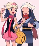  2girls :d akari_(pokemon) bag beanie black_hair black_shirt bracelet closed_eyes duffel_bag eyelashes grey_eyes grey_jacket grey_skirt hair_ornament hairclip happy hat head_scarf highres hikari_(pokemon) jacket jewelry long_hair multiple_girls open_mouth pink_skirt pokemon pokemon_(game) pokemon_dppt pokemon_legends:_arceus ponytail red_scarf scarf shirt sidelocks skirt sleeveless sleeveless_shirt smile tyako_089 white_headwear yellow_bag 