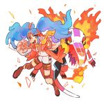  1girl black_sclera blue_hair colored_sclera fire fire_bird_(skeledirge) fire_miku_(project_voltage) full_body hair_between_eyes hatsune_miku highres holding jacket long_hair long_sleeves multicolored_hair nose open_clothes open_jacket open_mouth pokemon pokemon_(creature) project_voltage purple_hair redhead shorts simple_background skeledirge teeth twintails upper_teeth_only v vocaloid white_background yamifuti yellow_eyes 