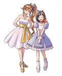  2girls ace_attorney adapted_costume arms_behind_back athena_cykes bare_shoulders blue_dress blue_eyes blue_hairband blue_headwear blue_ribbon blush bow brown_hair closed_eyes closed_mouth crescent crescent_earrings diamond_earrings dress earrings facing_viewer full_body gloves hair_between_eyes hair_ribbon hairband hat hat_bow high_heels highres jewelry long_hair looking_at_viewer mini_hat mini_top_hat multiple_girls necklace open_mouth orange_hair own_hands_together puffy_short_sleeves puffy_sleeves renshu_usodayo ribbon shoes short_hair short_sleeves side_ponytail sidelocks simple_background single_earring sleeveless sleeveless_dress smile standing strapless strapless_dress swept_bangs top_hat trucy_wright v_arms very_long_hair white_background white_bow white_dress white_footwear white_gloves white_hairband yellow_footwear 