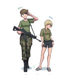  2girls aqua_eyes artist_logo assault_rifle black_footwear black_shorts boots braid brown_hair camouflage camouflage_pants full_body green_shirt gun height height_difference highres holding holding_weapon long_hair looking_at_viewer lyyti_aanismaa military_uniform multiple_girls neea_takarautio original ostwindprojekt pants rifle salute sandals seno_lepo shadow shirt shirt_tucked_in short_hair shorts simple_background twin_braids uniform walking watch watch weapon white_background 