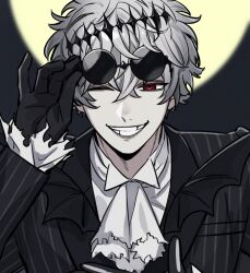  1boy 1girl black_crown crown formal fune_(user_kujn8834) halloween highres holding holding_removed_eyewear jack_skellington jacket long_sleeves male_focus pinstripe_pattern pinstripe_suit red_eyes round_eyewear short_hair skeleton_print smile smirk solo stitches striped_clothes striped_jacket suit sunglasses the_nightmare_before_christmas twisted_wonderland unworn_eyewear white_hair 