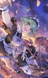  2girls :d above_clouds apron arm_up atelier_(series) atelier_resleriana atelier_shallie black_dress bow breasts broom broom_riding city clouds collared_dress dress frilled_apron frills green_eyes green_hair hair_between_eyes hair_bun highres long_hair looking_at_viewer maid maid_headdress medium_breasts mephisto_(angraecum) multiple_girls non-web_source official_alternate_costume official_art open_mouth outdoors outstretched_arm puffy_short_sleeves puffy_sleeves purple_bow purple_sky shallotte_elminus short_hair short_sleeves sky smile white_apron wilbell_voll-ersleid wrist_cuffs 